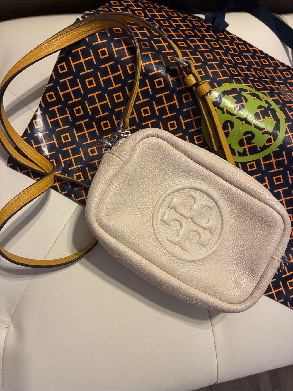 Tory Burch Cream Pebbled Leather Crossbody with Tan Strap